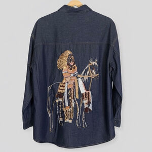 Together Denim Shirt Jacket 1X Western Beaded Sequin Horse Rider Embroidered